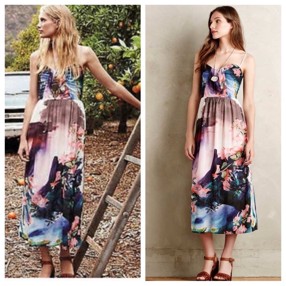 Anthro x Corey Lynn Halter Daybreak Midi Dress Watercolor Print Strappy Summer